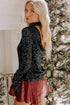 Sequin Mock Neck Drape Open Back Bell Sleeve Lined Top